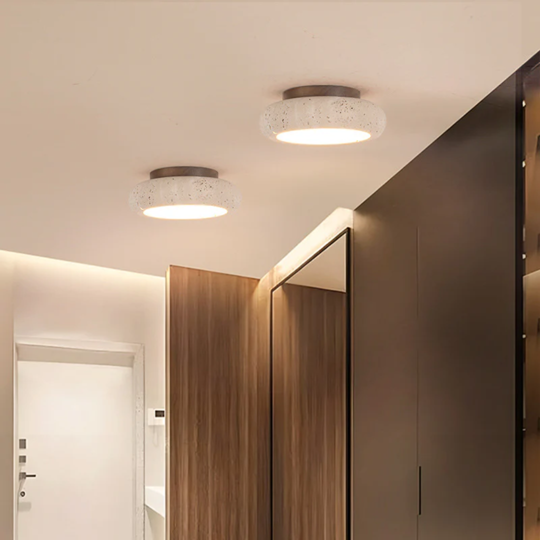 Rava - Retro Travertin Plafondlamp met Houtaccent