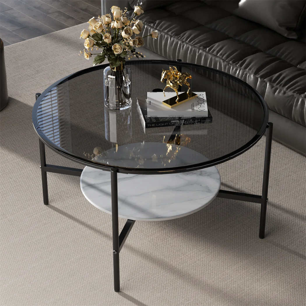 Nirelia - Glazen Salontafel met Leisteen Plank en Tweelaags Minimalistisch Ontwerp