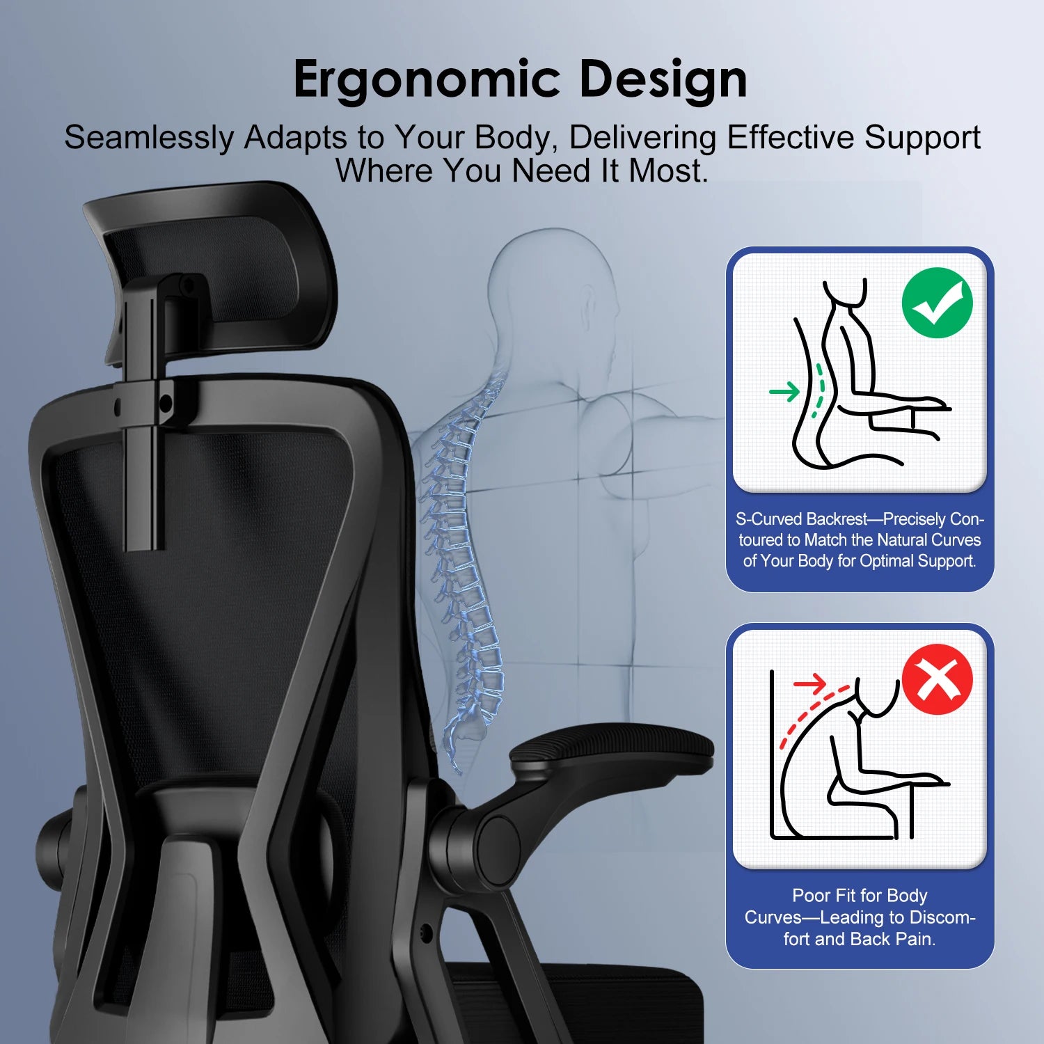 Cymara - Ergonomiczny fotel biurowy ze składanymi podłokietnikami, regulowanym oparciem i zagłówkiem