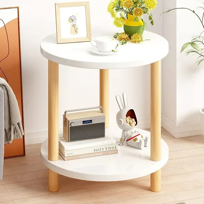 Olivyne - Houten Ronde Bijzettafel met Twee Lagen als Nachtkastje