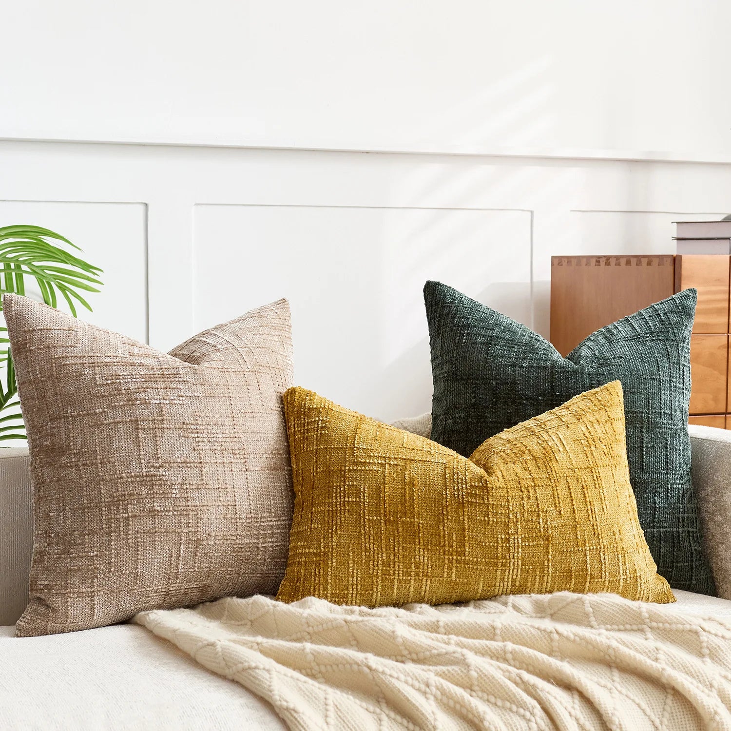 Lucina - Chenille Sierkussen met Bamboe Structuur In Effen Kleur voor Bank en Slaapkamer
