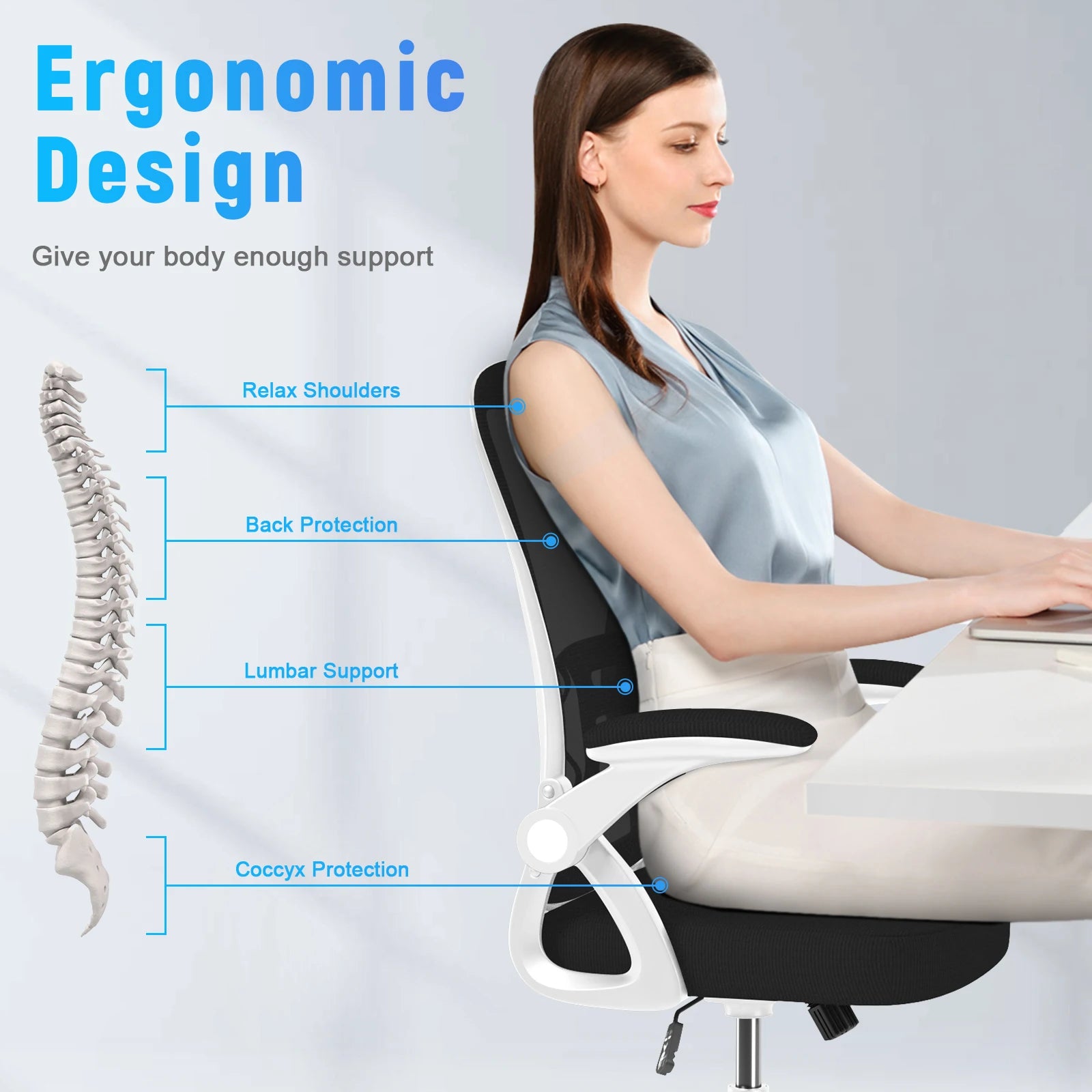 Minara – ergonomiczny fotel biurowy ze składanymi podłokietnikami i podparciem lędźwiowym