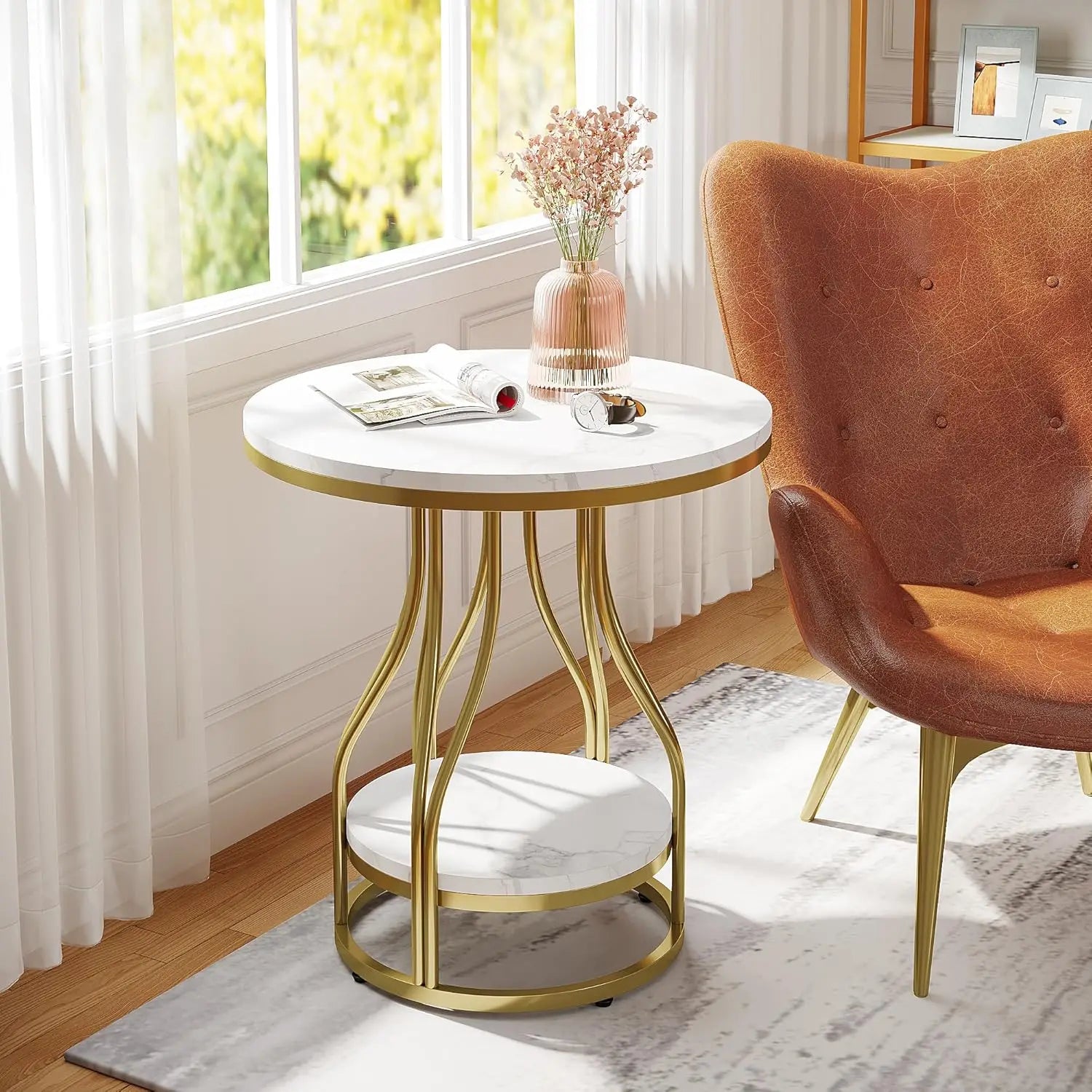 Isavelle - Ronde Bijzettafel Tweelaags met Metalen Frame en Handige Opbergruimte